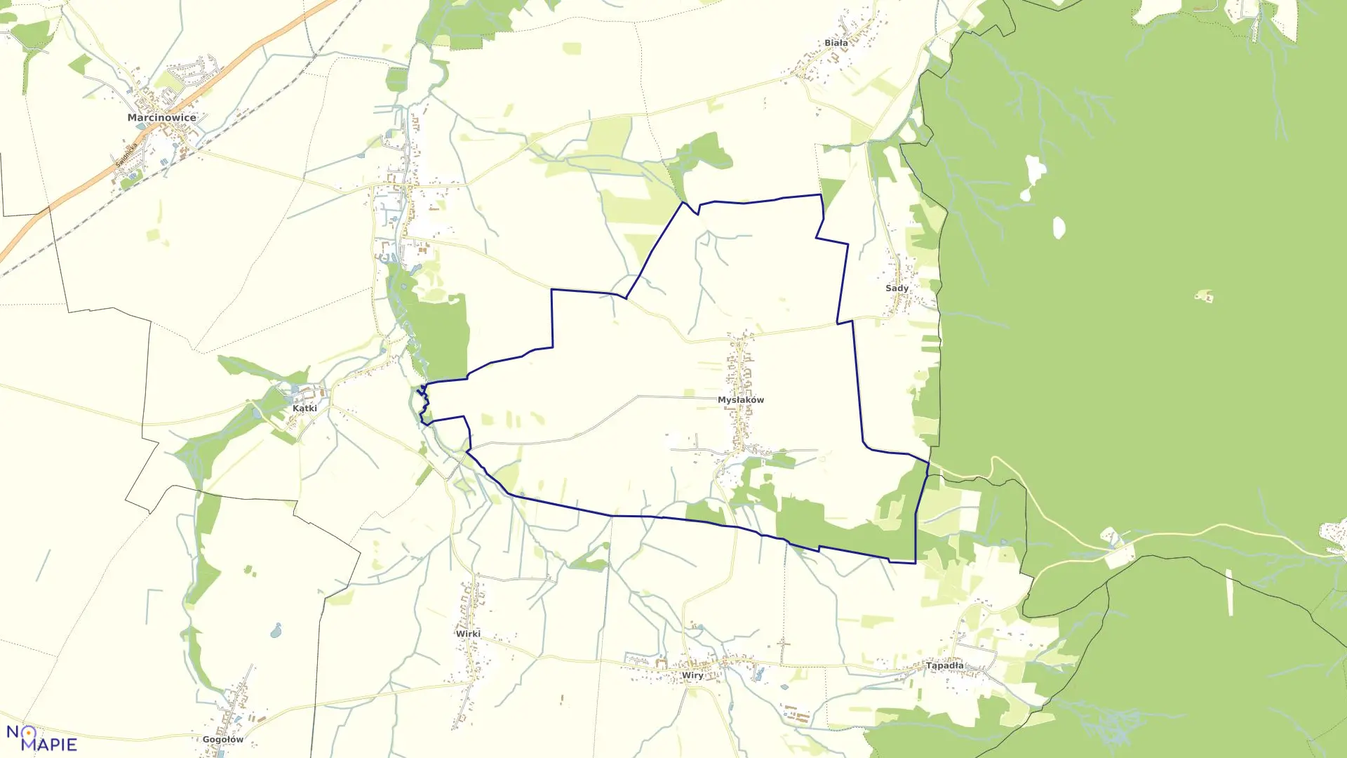 Mapa obrębu Mysłaków w gminie Marcinowice